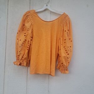 Express yellow embroidered puffy sleeve eyelet  blouse top sz small